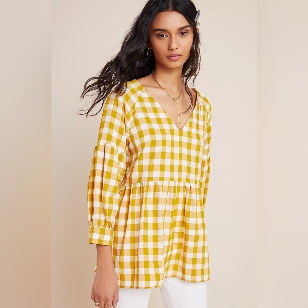 Maeve April Babydoll Blouse Yellow Gingham Print Size Medium